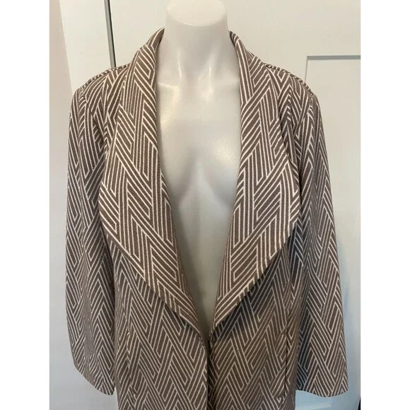 CHICOS Womens Open CARDIGAN Long Sleeve TAUPE White STRIPE Size 2 (L/12) - Picture 2 of 5